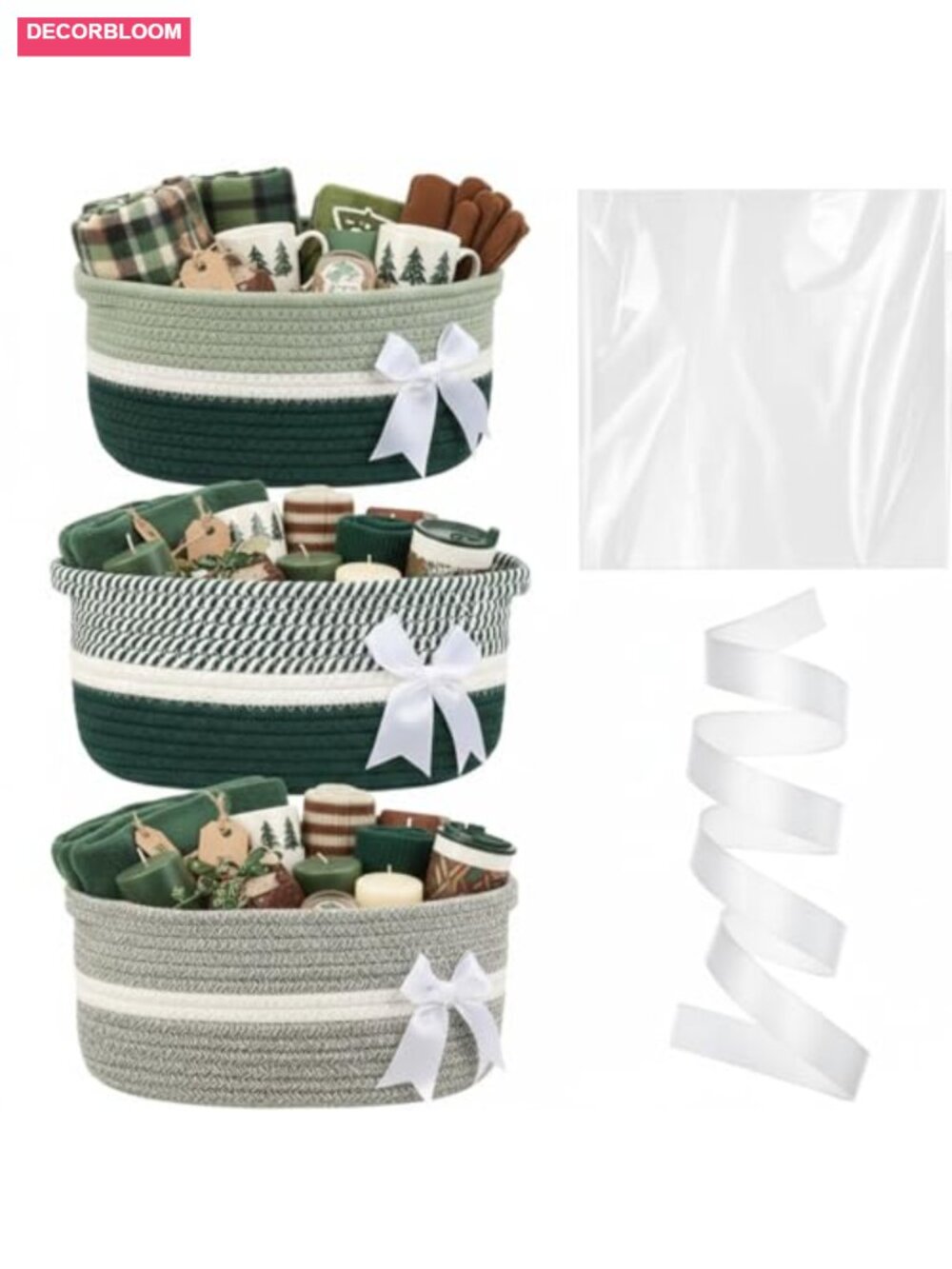 3 Pack Small Empty Woven Gift Baskets with Ribbons & Bags